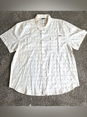 NWT Le Tigre Cream Short-Sleeve Pearl Snap Down Shirt with Red Micro Print